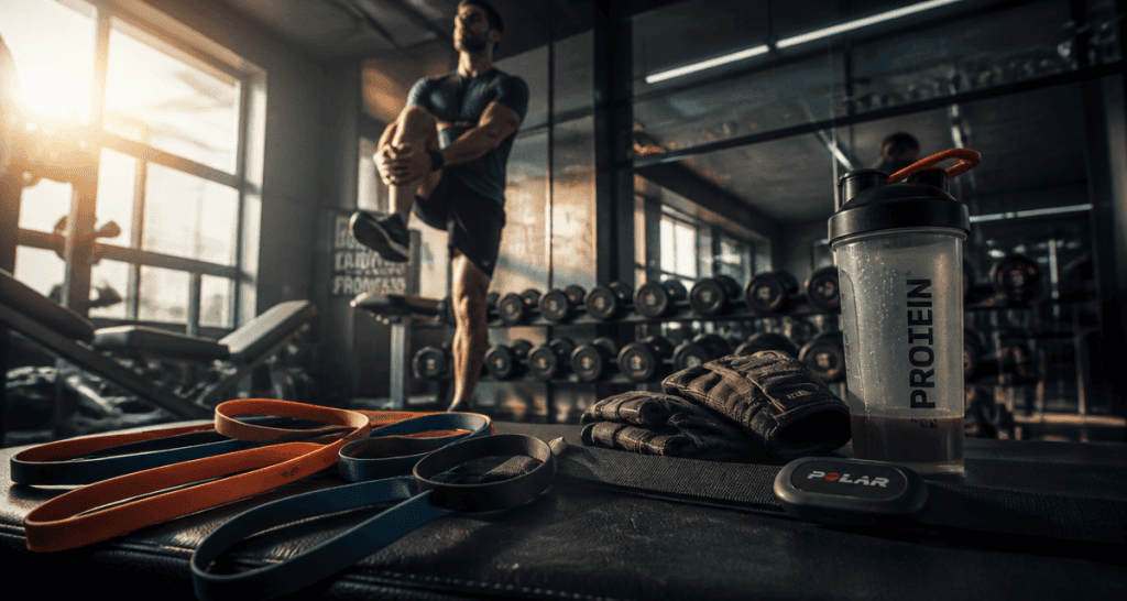 accessoires de sport sur banc en salle