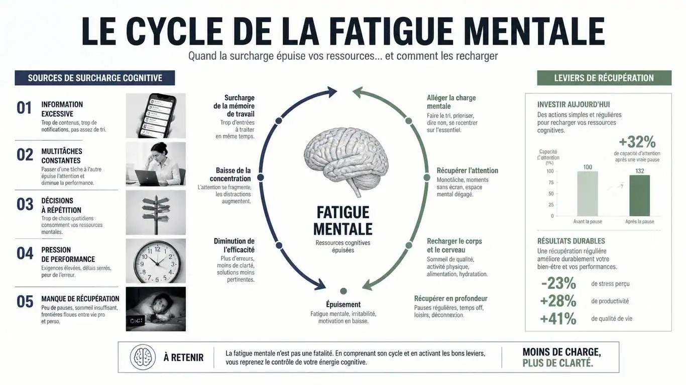 Infographie sur les causes et solutions pour retrouver de l'énergie mentale