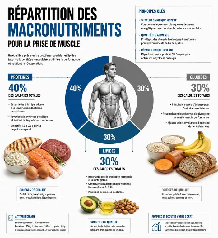 Infographie sur la répartition des macronutriments pour une prise de masse réussie