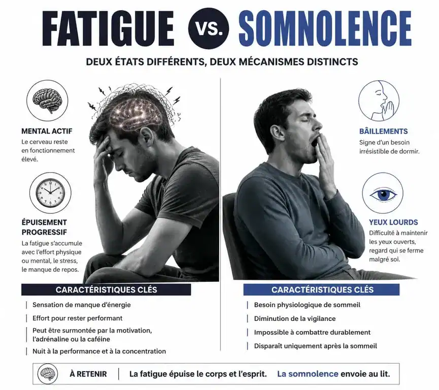 Schéma illustrant la différence entre fatigue et somnolence pour mieux comprendre pourquoi on est fatigué mais qu'on n'arrive pas à dormir