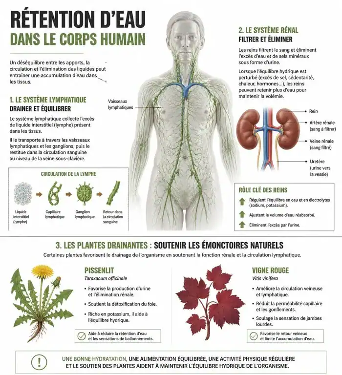 Infographie explicative sur les mécanismes de la rétention d'eau et les solutions anti-rétention d'eau puissantes