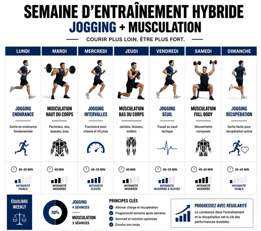 Infographie semaine d'entraînement hybride jogging et musculation