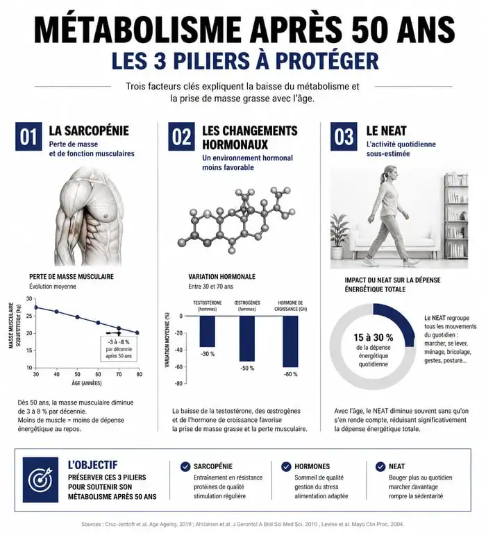 Infographie sur les facteurs influençant le métabolisme après 50 ans et comment augmenter son métabolisme naturellement.