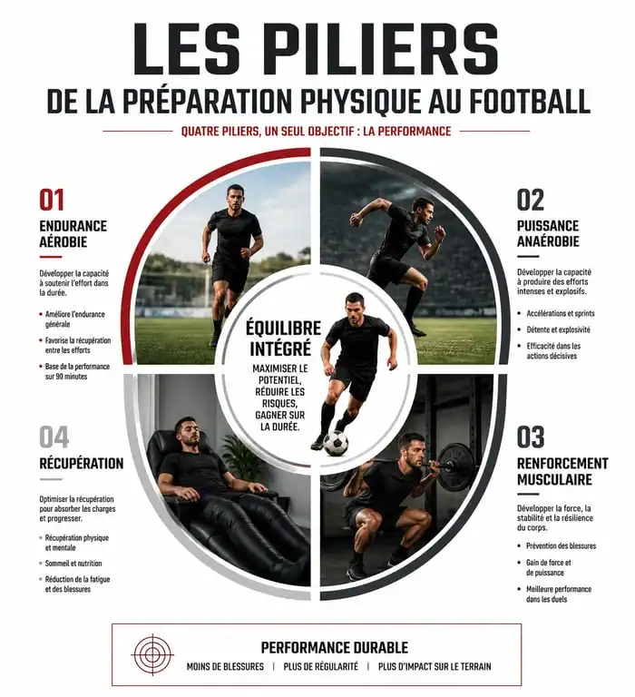 Infographie sur les piliers de la préparation physique au football : endurance, explosivité et prévention des blessures.
