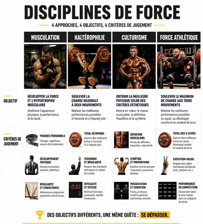 Infographie comparative des disciplines de musculation, haltérophilie et culturisme