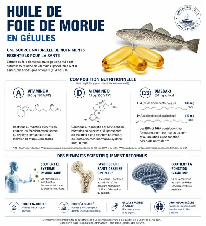 Infographie des bienfaits et apports nutritionnels de l'huile de foie de morue en gélule