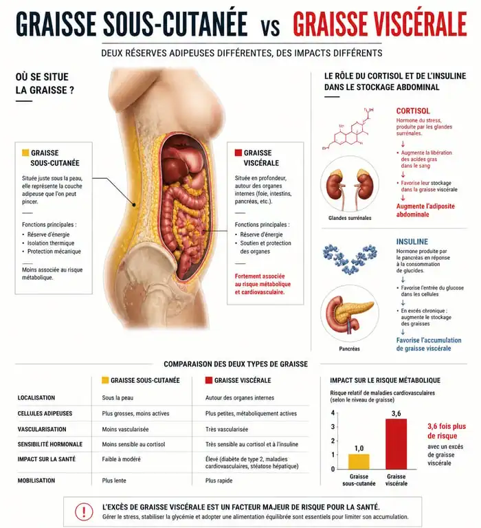 Infographie expliquant la différence entre la graisse viscérale et sous-cutanée et le rôle des hormones dans le stockage de la graisse abdominale