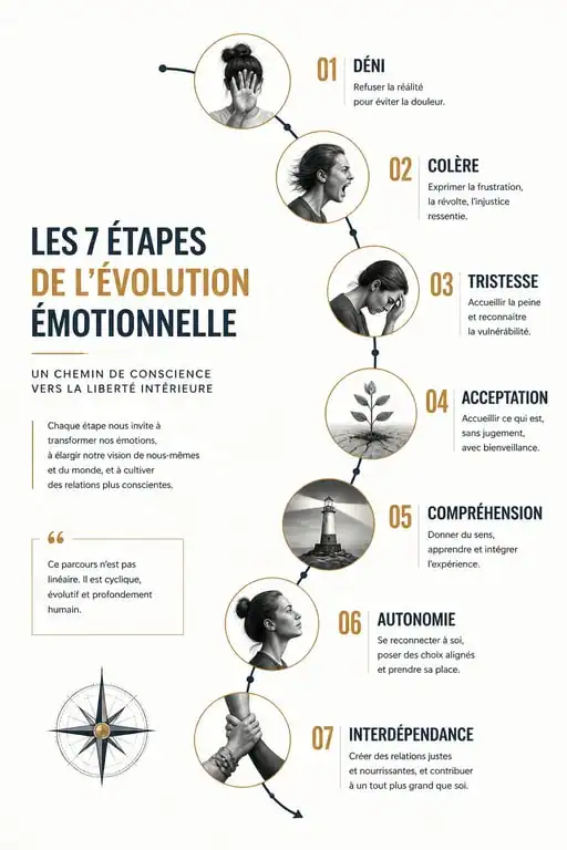 Infographie illustrant les 7 degrés de la maturité émotionnelle, du déni à l'interdépendance.