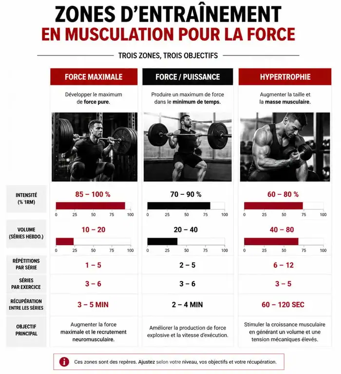 Infographie des zones d'entraînement en musculation pour la force : intensité, répétitions et temps de repos