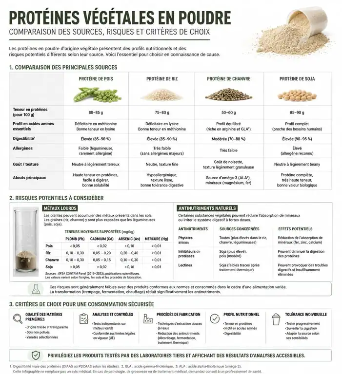 Infographie sur les risques et critères de choix des protéines végétales en poudre