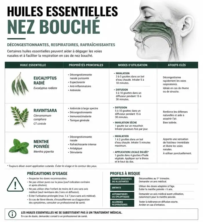 Infographie des huiles essentielles pour déboucher le nez : propriétés, usages et précautions de sécurité