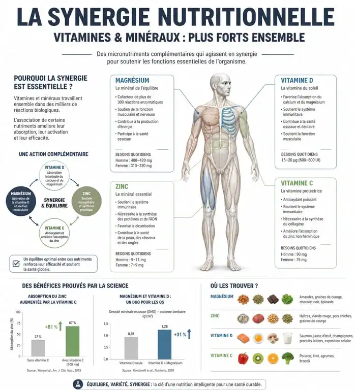 Infographie sur les bienfaits et la synergie des multi vitamines et minéraux pour la santé et la vitalité