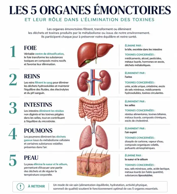 Infographie expliquant le rôle des 5 organes émonctoires dans la détoxification naturelle du corps