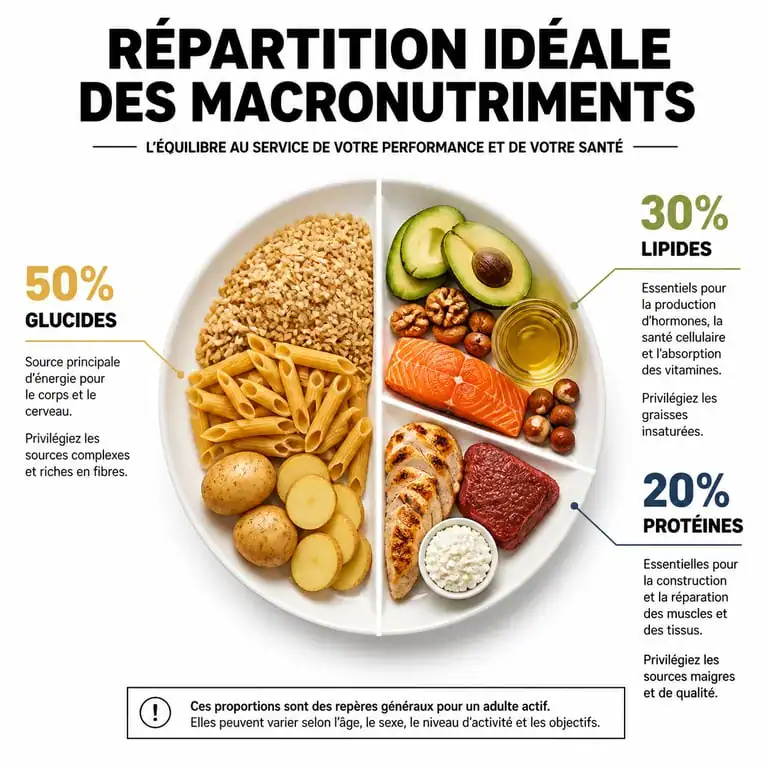 Infographie de la répartition des macronutriments glucides lipides protéines dans l'alimentation