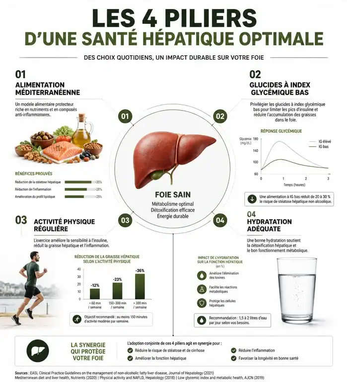 Infographie sur les piliers d'un régime pour le foie gras et la santé hépatique