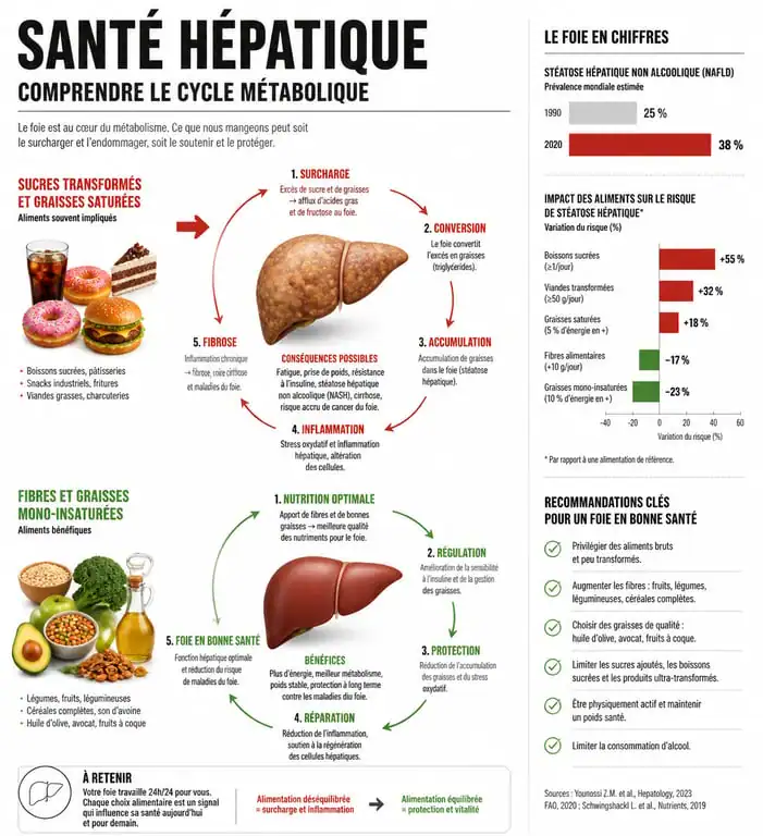 Infographie sur les facteurs influençant la graisse du foie et les piliers pour éliminer la stéatose hépatique