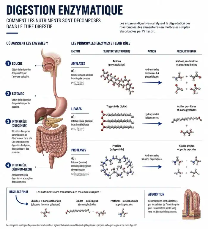 Schéma explicatif du rôle des enzymes digestives dans la décomposition des aliments pour le traitement du manque d'enzymes digestives
