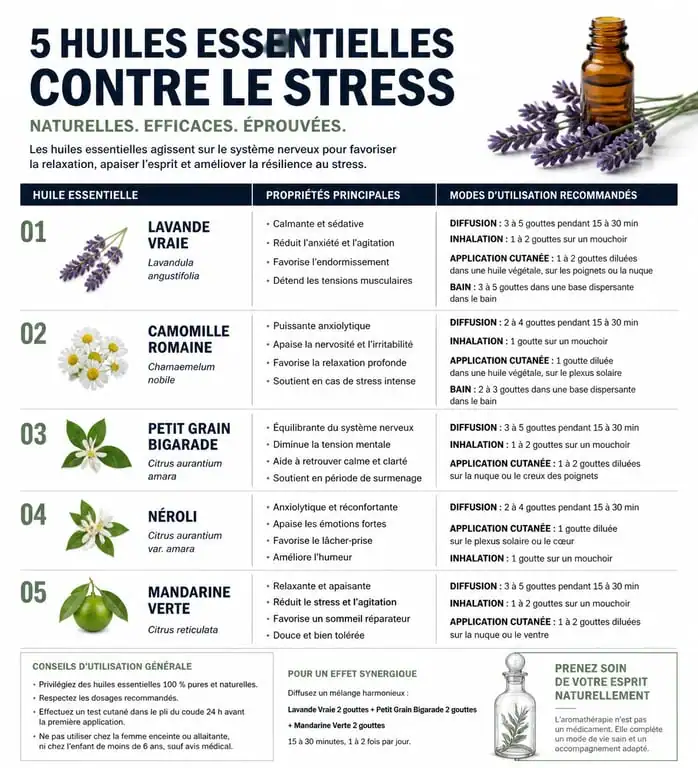 Infographie des huiles essentielles pour le stress et l'anxiété : propriétés et utilisations.
