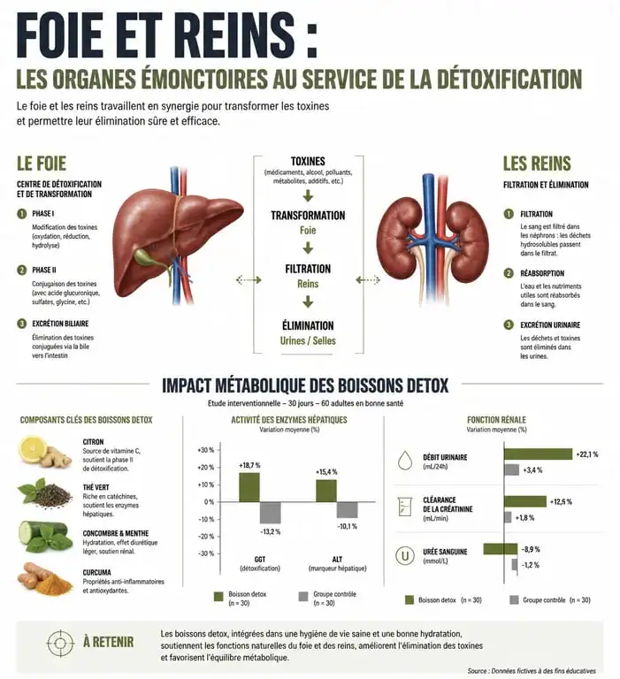 Infographie sur les bienfaits des boissons detox pour maigrir et le fonctionnement des organes émonctoires