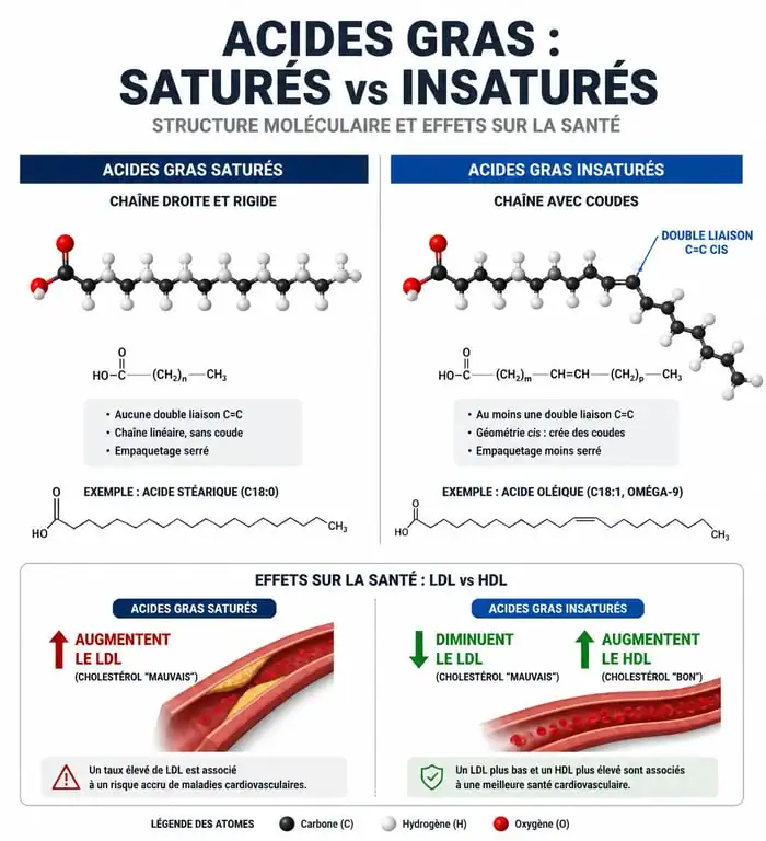 Comparaison visuelle entre acide gras saturé et insaturé : structure moléculaire et impact sur la santé cardiovasculaire