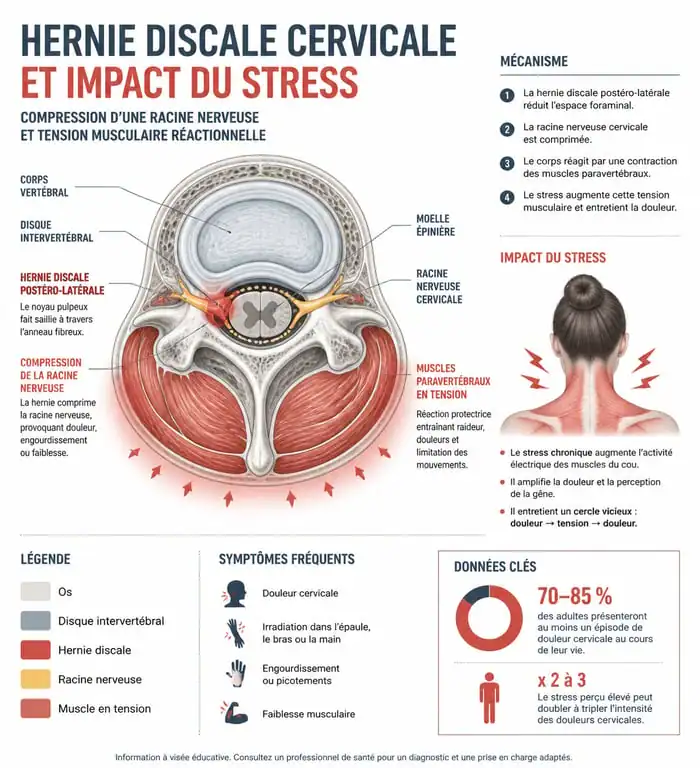 Schéma explicatif de la névralgie cervico-brachiale et du rôle du stress sur la compression nerveuse