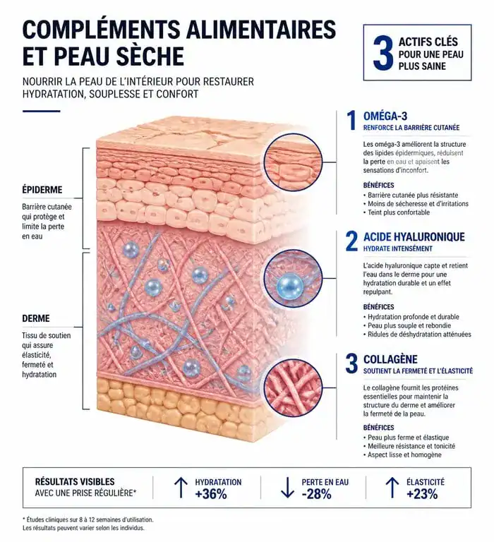 Infographie des bienfaits des compléments alimentaires pour peau sèche : oméga-3, acide hyaluronique et collagène pour une hydratation profonde.