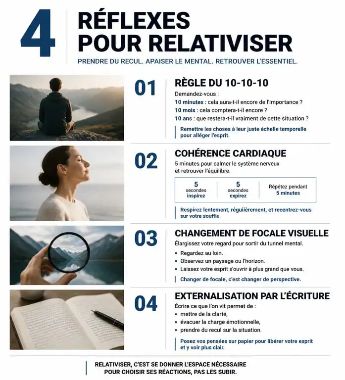 Infographie des 4 réflexes pour apprendre à relativiser et gérer son stress