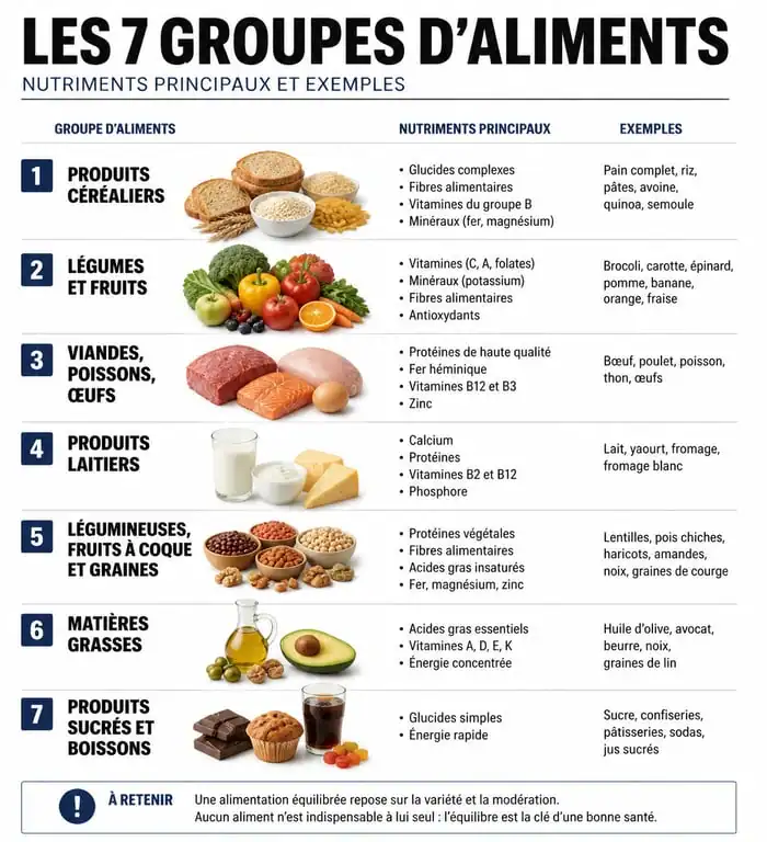 Infographie des 7 groupes d'aliments pour l'équilibre nutritionnel
