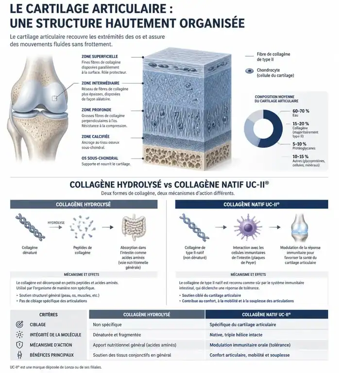 Infographie explicative sur le fonctionnement et les bienfaits du meilleur collagène type 2 pour la santé articulaire