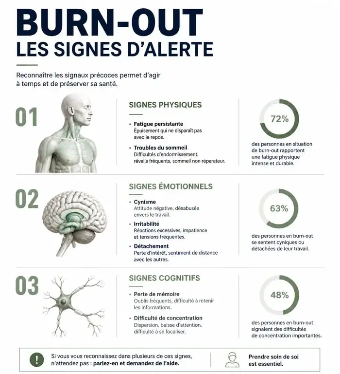 Infographie des signes d'alerte du burn-out pour aider une personne en souffrance