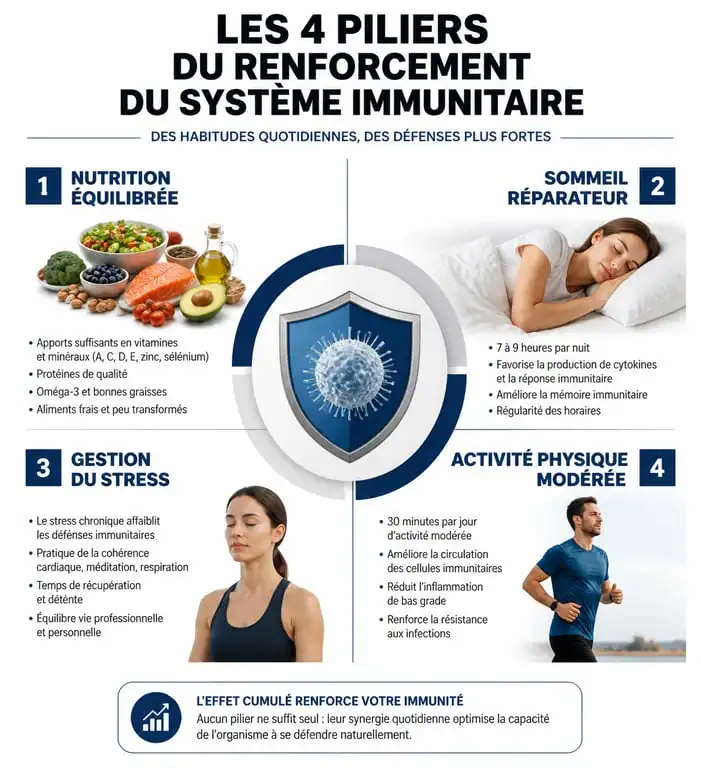 Infographie sur les piliers du renforcement du système immunitaire : nutrition, sommeil, stress et sport