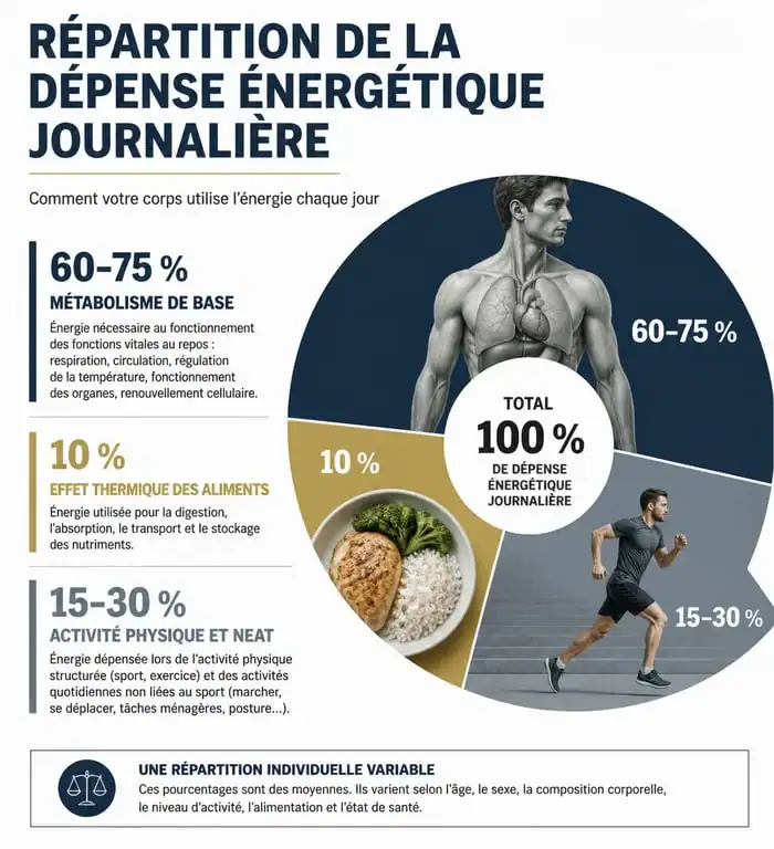 Répartition de la dépense énergétique journalière : métabolisme de base, effet thermique des aliments et activité physique