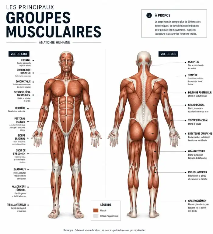 Schéma anatomique des principaux groupes musculaires du corps humain pour le sport