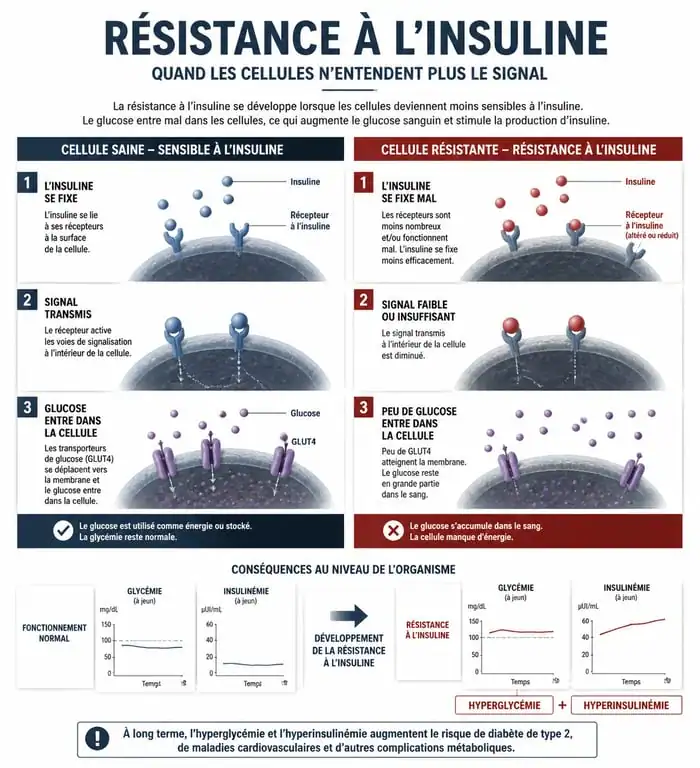 Schéma explicatif du mécanisme de la résistance à l'insuline et de l'hyperinsulinémie