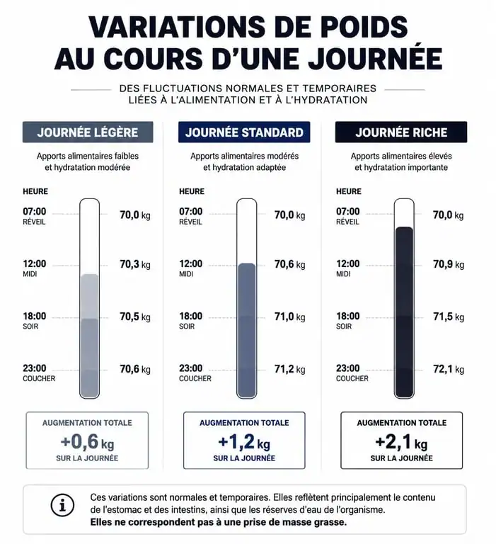 Infographie des variations de poids selon le type de journée pour comprendre pourquoi on se pèse plus lourd le soir