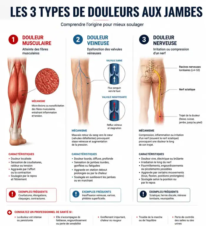 Schéma explicatif des causes de mal aux jambes après avoir beaucoup marché : muscles, veines et nerfs