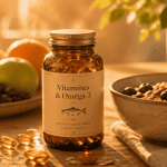 huile de foie de morue en gelule sur table avec petit-déjeuner