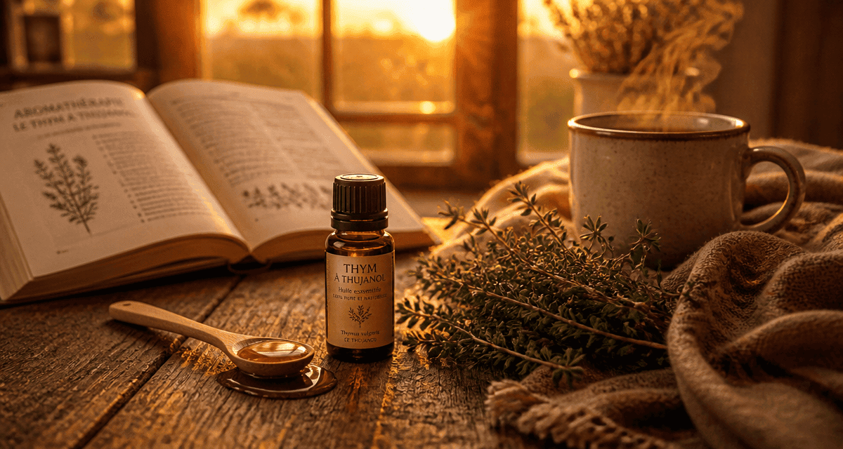 huile essentielle angine thym miel sur table