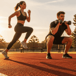 Homme et femme jogging et musculation sur piste au coucher du soleil