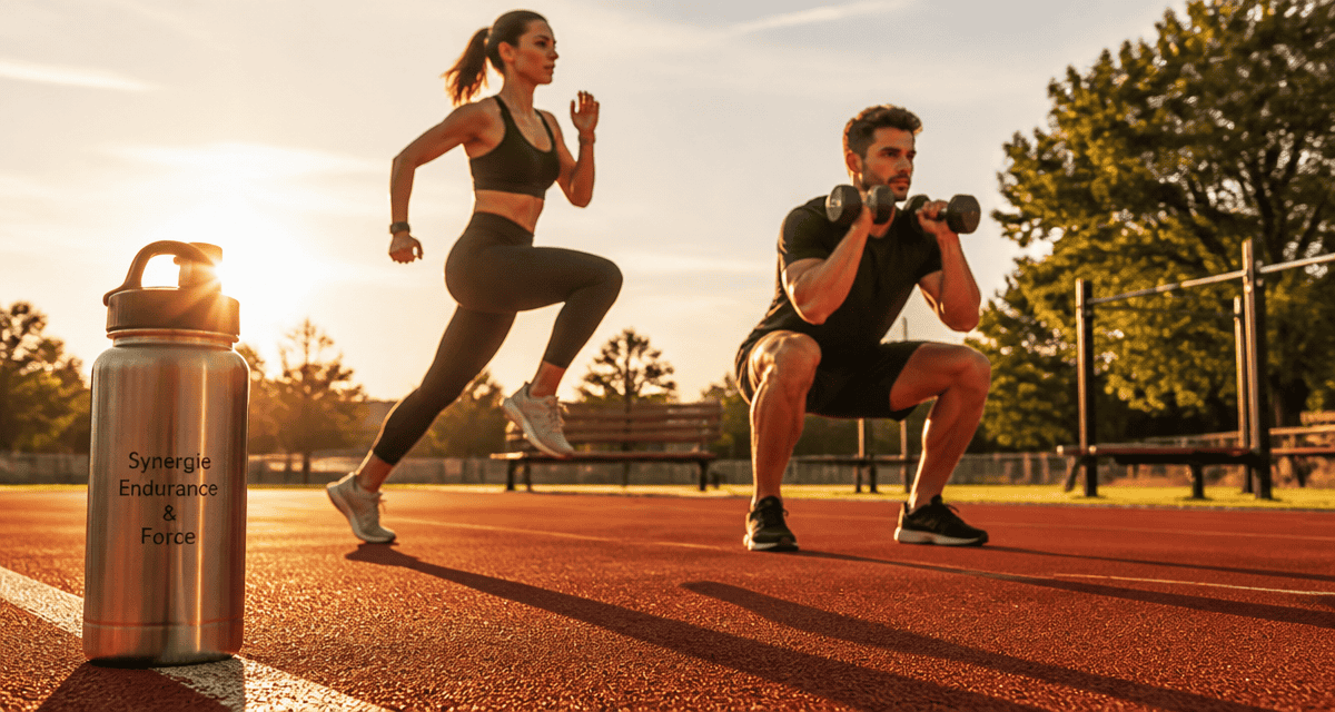 Homme et femme jogging et musculation sur piste au coucher du soleil