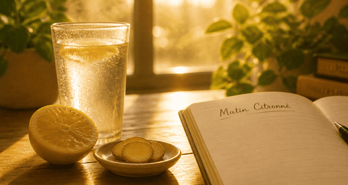 Verre de jus de citron matin a jeun sur table