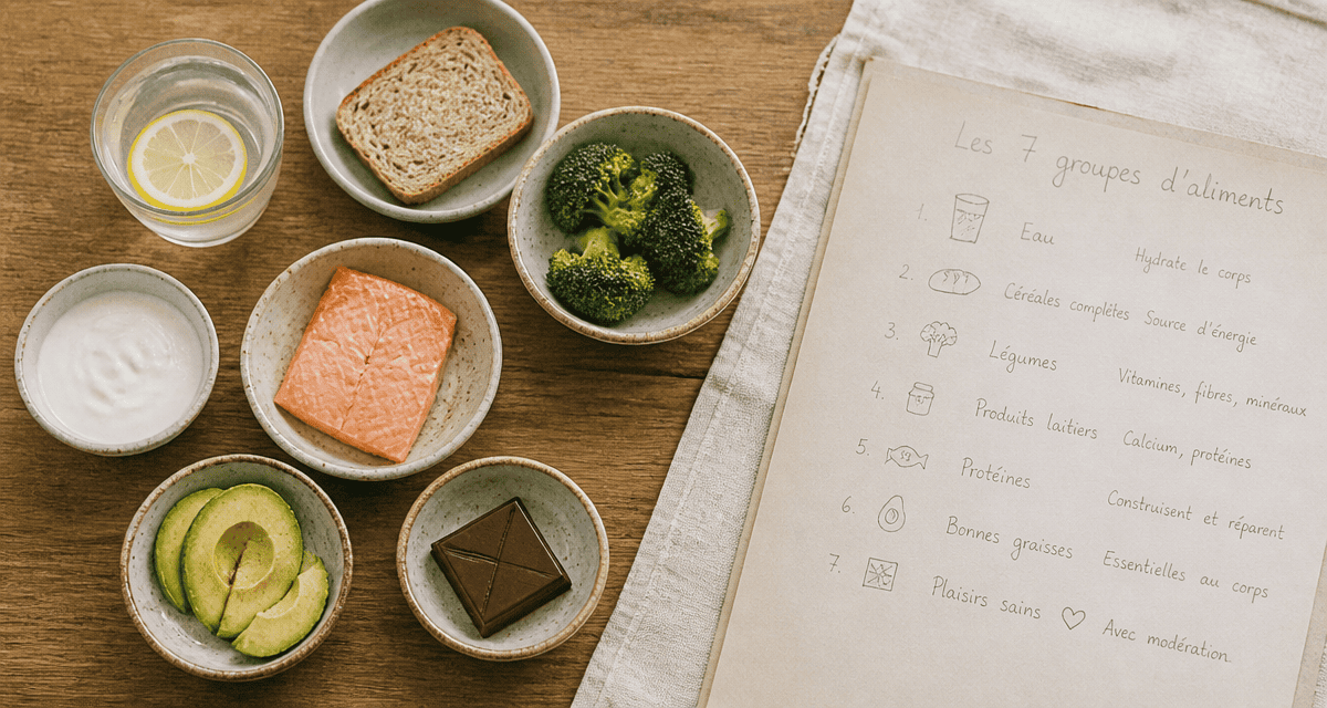 les 7 groupes d aliments tableau sur table avec bols