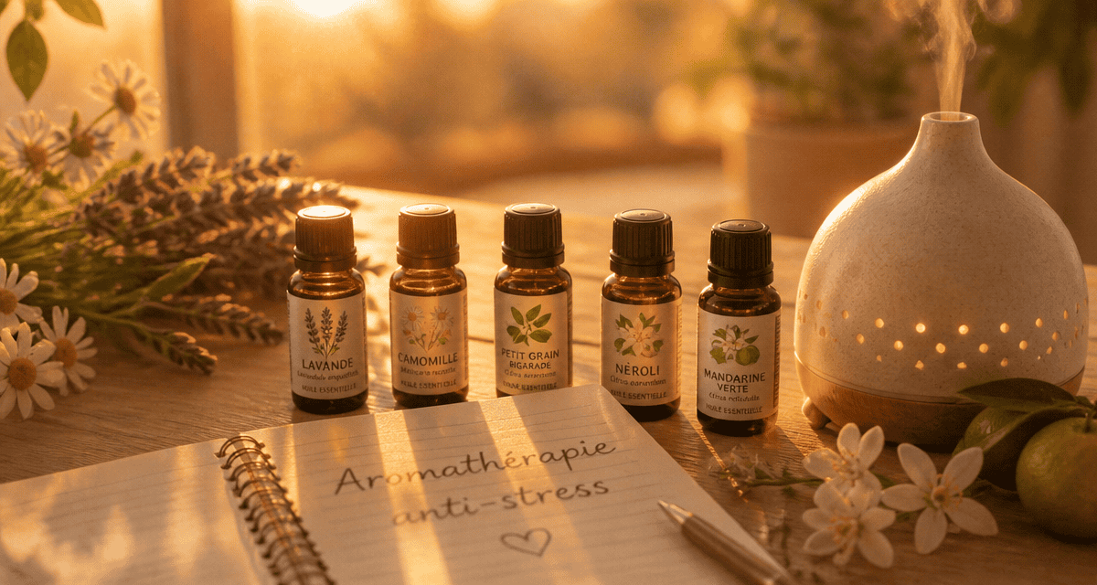 quelle huile essentielle pour le stress et l'anxiété flacons et diffuseur