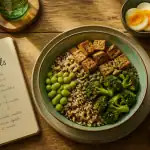 aliments et acides amines dans une assiette colorée
