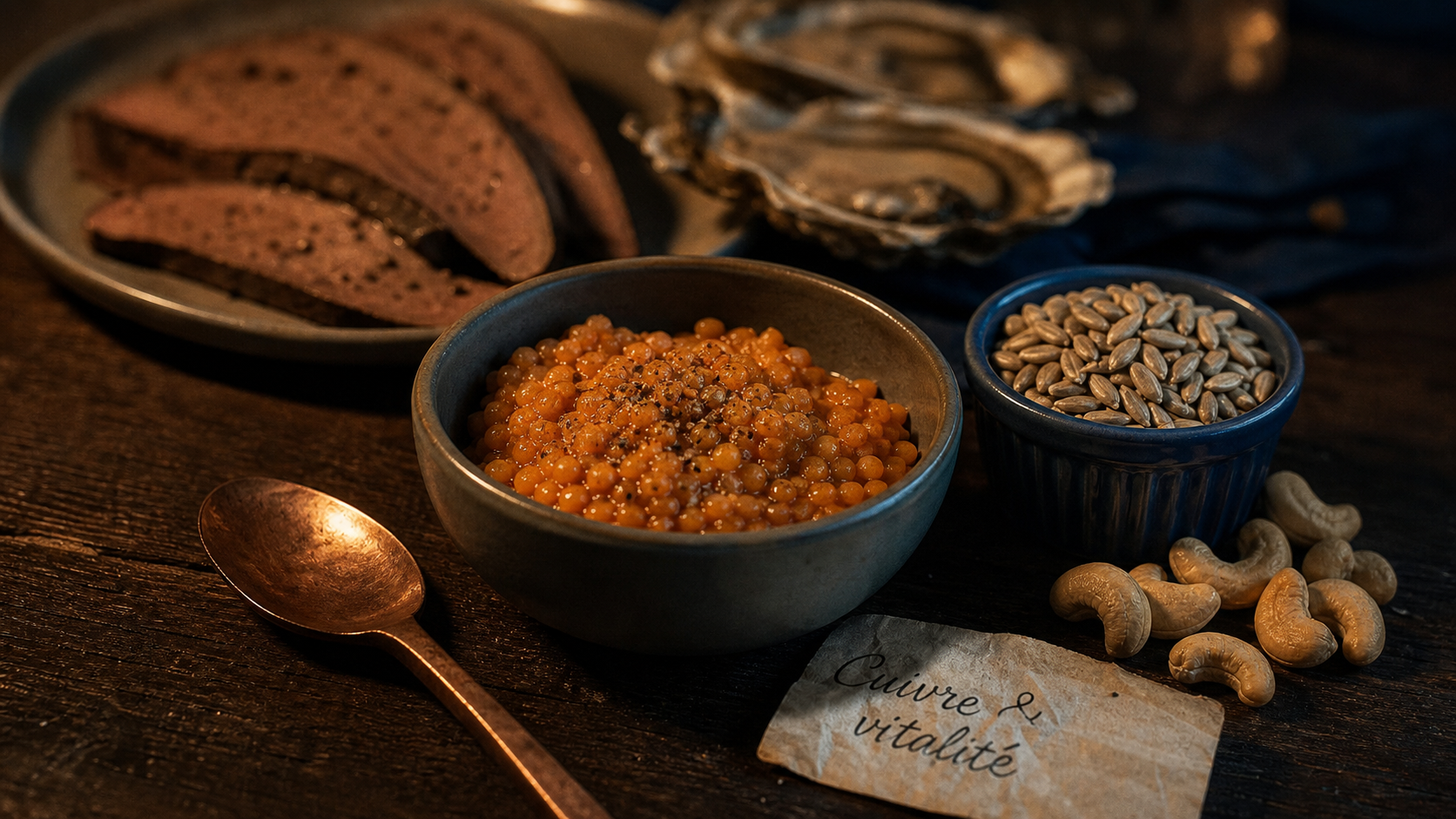 Aliments riches en cuivre : lentilles corail, graines de tournesol, noix de cajou et huîtres