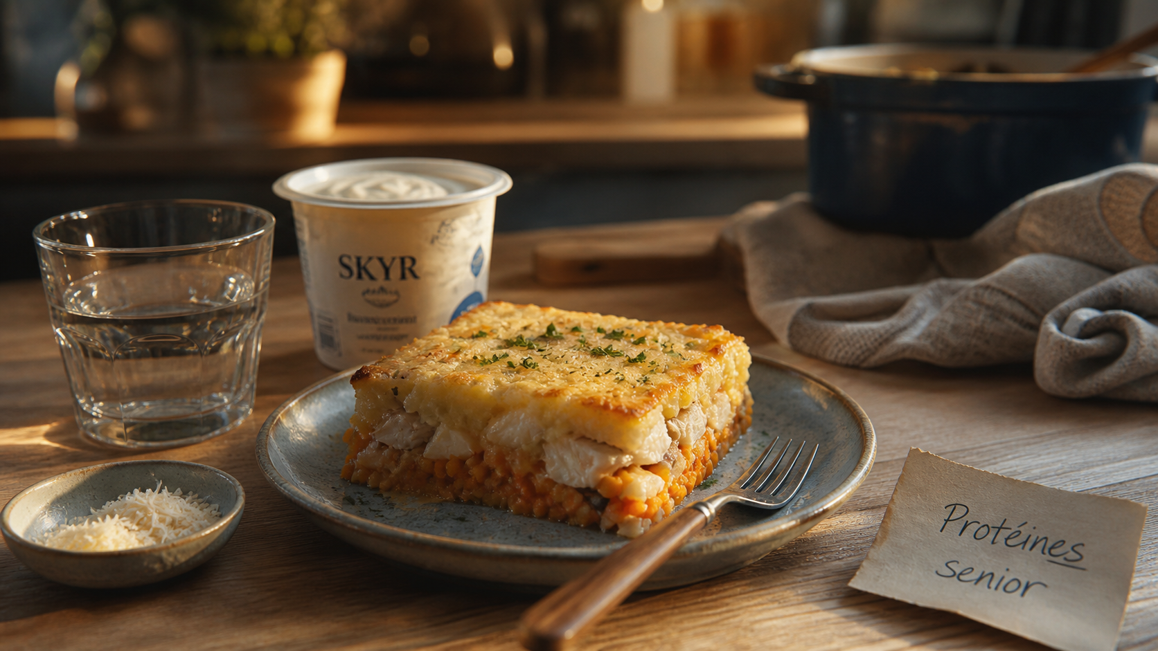 Aliments riches en proteines pour personnes âgees : parmentier poisson lentilles corail et skyr blanc