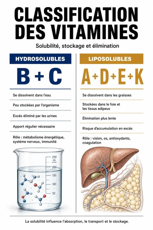 Infographie comparative des vitamines hydrosolubles et liposolubles et leurs fonctions