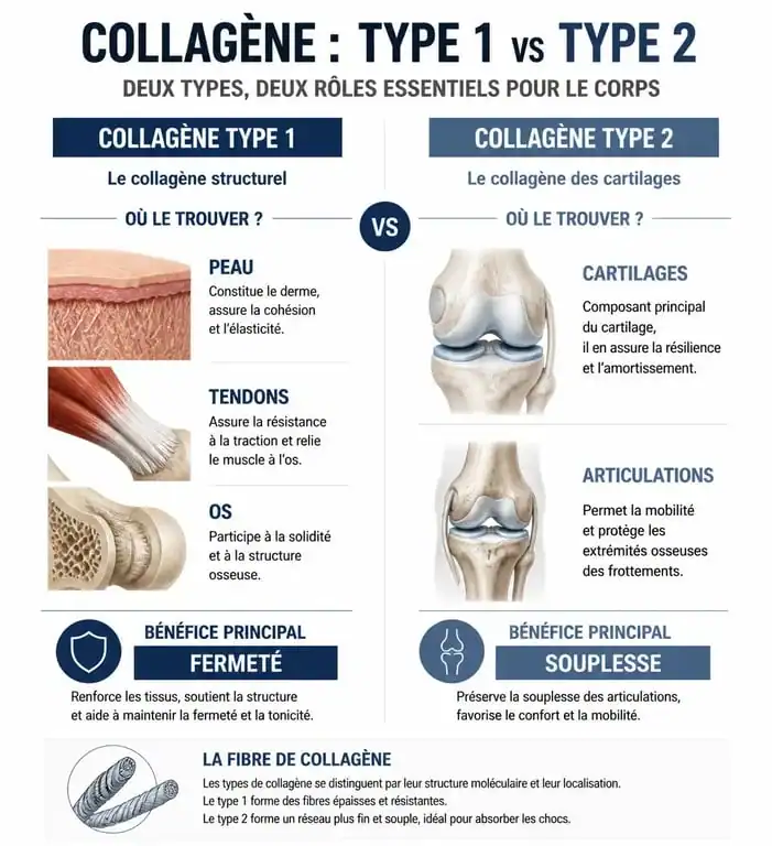 Infographie comparative des bienfaits du collagène type 1 et type 2 pour la peau et les articulations