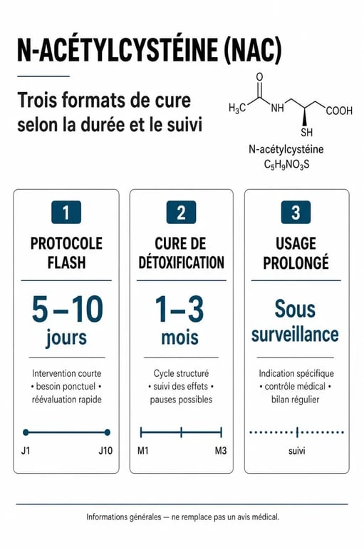 Infographie sur la durée d'une cure de NAC et les protocoles recommandés