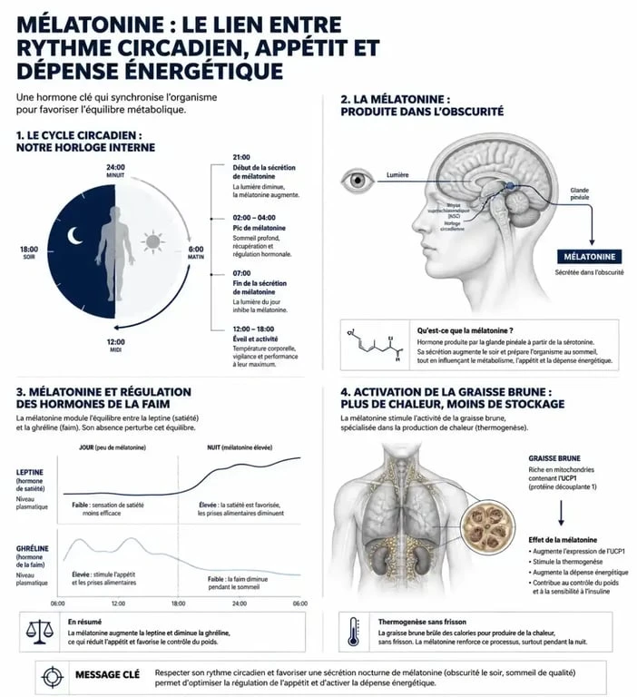 Infographie expliquant le lien entre mélatonine, sommeil et régulation du poids